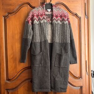 J. Jill Gray and Red Patterned Knit Cardigan